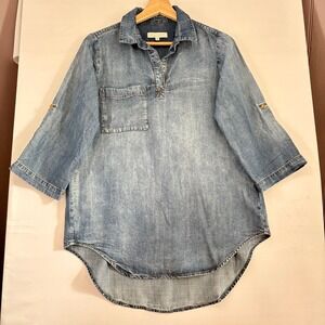 Side Stitch Los Angeles Denim Tunic Top Light Wash Roll Tab Sleeve Blue XXSmall
